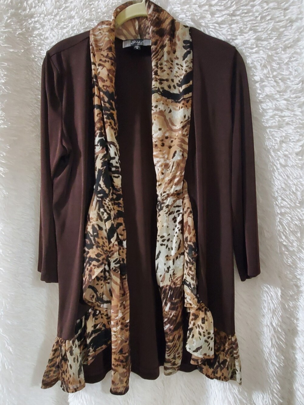 Slinky Brand Brown V-Neck Sweater Cardigan with Animal Print Trim